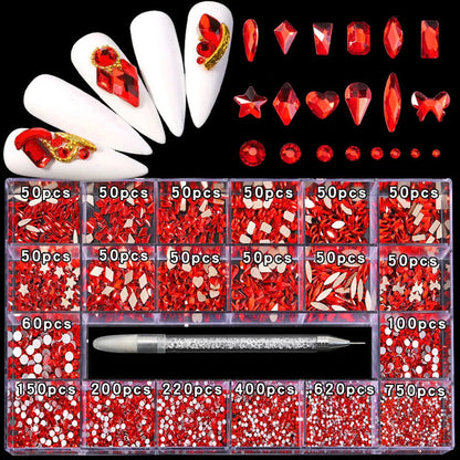 21 Grid Nail Art Rhinestone Set - Multi-Style Flat Bottom Glass Diamonds