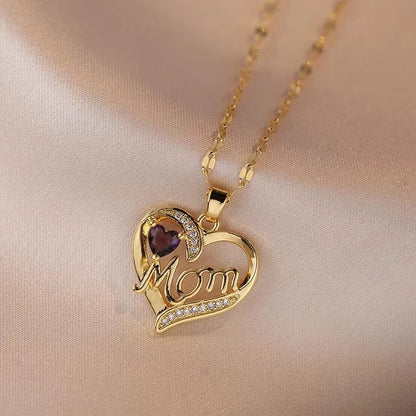 Crystal Heart Mama Necklace | Stainless Steel Pendant Jewelry for Mom
