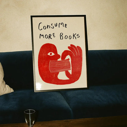 Retro Book Wall Art Reading Print Gift For Book Lovers Hand Drawn Illustration Wall Art Consume More Books Print, Cool Liter