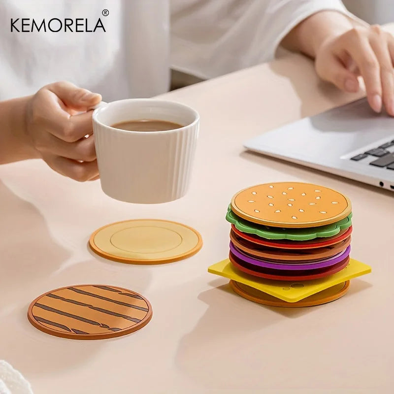 8pcs/set Burger Shape Coaster Creative Cup Pad Silicone Insulation Mat Mug Holder Kitchen Dining Bar Table Decorations Kids Gift
