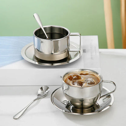 Double Wall Stainless Steel Coffee Cup Set | 180ml/200ml Hot Drink Set with Saucer and Spoon
