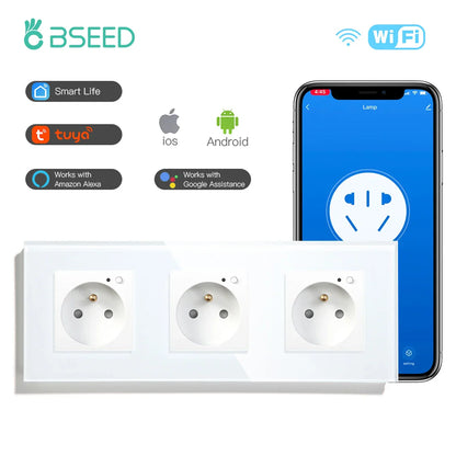 Bseed Wifi Wall Socket France Standard Crystal Glass Panel Smart Socket Outlets Work With Tuya Google Home Alexa Timer APP