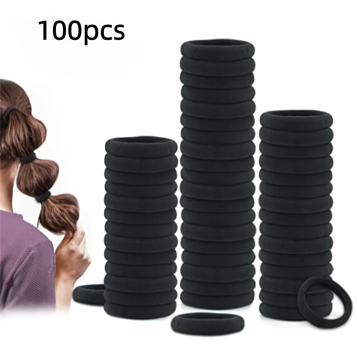 100-Pack Black Seamless Elastic Hair Ties for Women and Girls, No-Damage High Elastic Ponytail Bands
