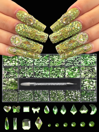 21 Grid Nail Art Rhinestone Set - Multi-Style Flat Bottom Glass Diamonds