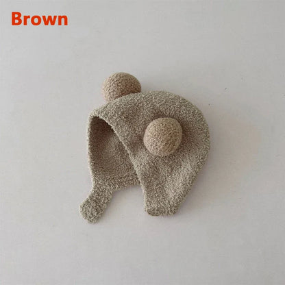 Cute Winter Warm Kids Girl Boys Baby Hats Fleece Wool Hemming Caps with Ball Solid Wool Ear Protection Hats Soft Newborn Bonnet