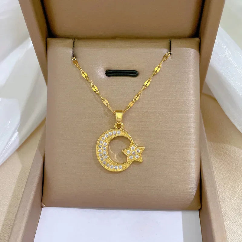 Crescent Moon Pendant Necklace | Vintage Stainless Steel Choker for Women