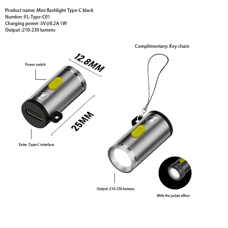 Mini High Brightness LED Flashlight | Type C Rechargeable Travel Torch