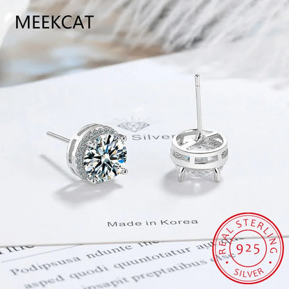 925 Sterling Silver Moissanite Stud Earrings | 2 Carat Round Engagement Wedding Jewelry for Women