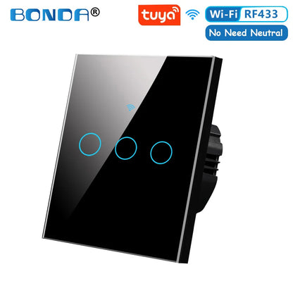 BONDA Smart Switch Wifi RF433 No Neutral EU Standard Tuya Control Works with Alexa Google Home WiFi Smart Home Touch Switches 86
