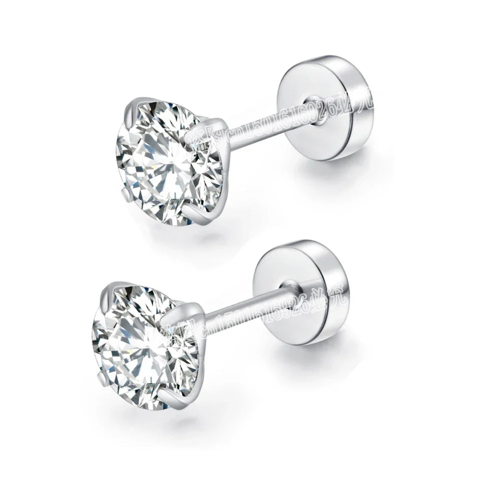 Stainless Steel Cubic Zirconia Stud Earrings | Screw-Back CZ Earrings for Women and Men