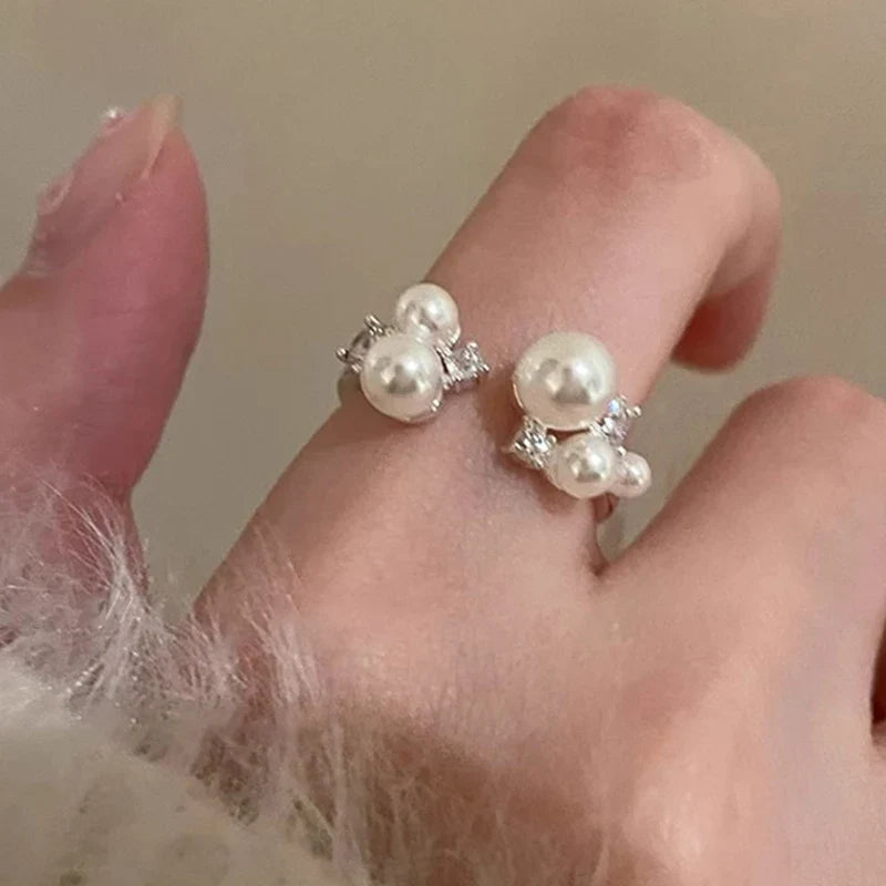 PANJBJ 925 Sterling Silver Pearl Irregular Ring | Women Shell Overlapping Hollow Sweet Design Jewelry
