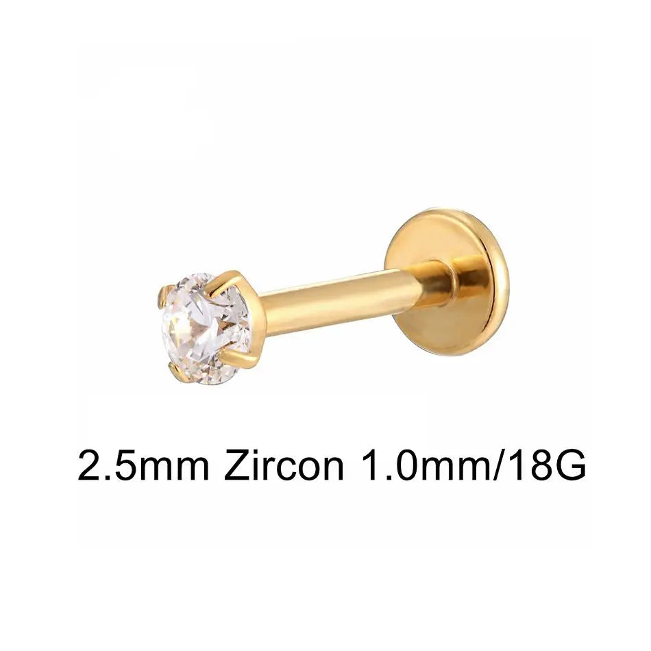 16G 18G Titanium Labret Stud Nose Ring | Zircon Internally Threaded Body Jewelry for Tragus and Helix
