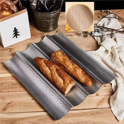French Bread Baking Pan Nonstick Perforated Carbon Steel Baguette Pan French Bread 3/4 Wave Loaves Loaf Bake Mold Cooking Tray