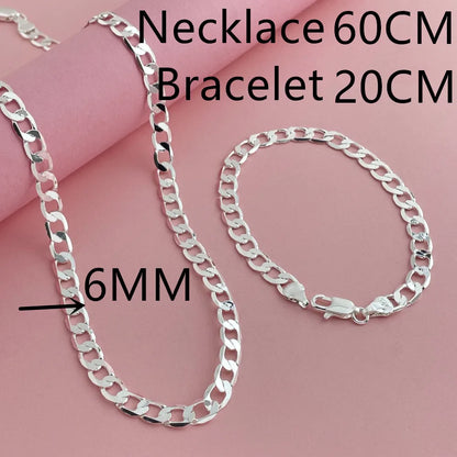 925 Sterling Silver 6mm Cuban Link Necklace and Bracelet Set | Unisex Classic Jewelry