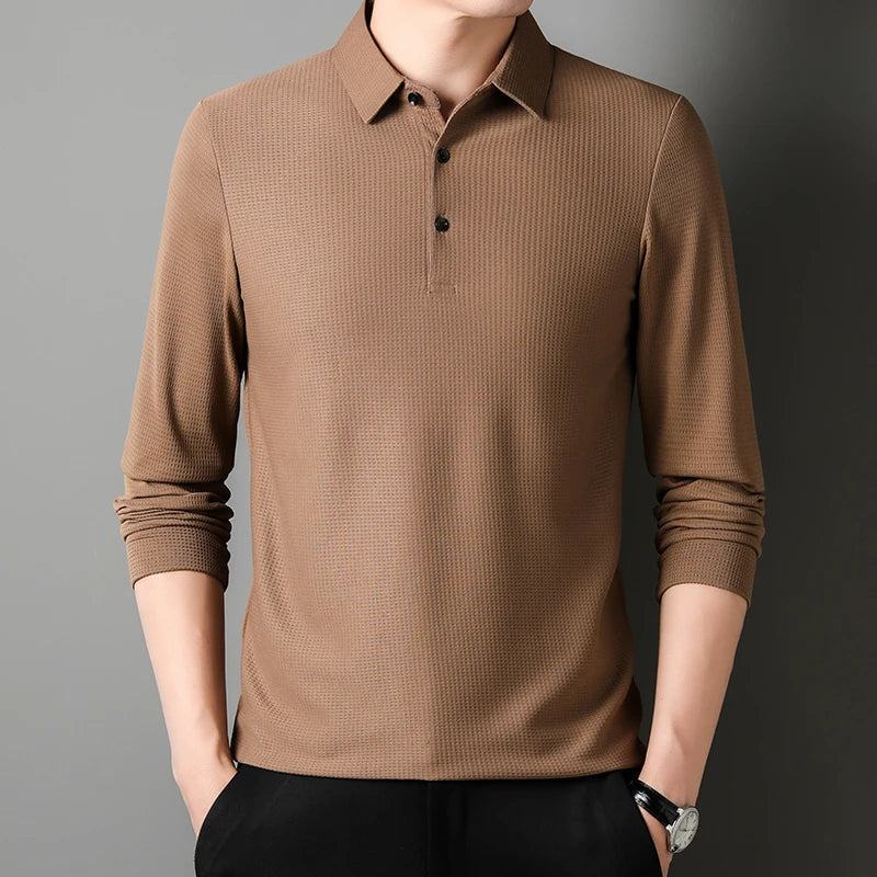 Men's Business Casual Long Sleeve Polo Shirt - Breathable Knit Polyester, Anti-Wrinkle