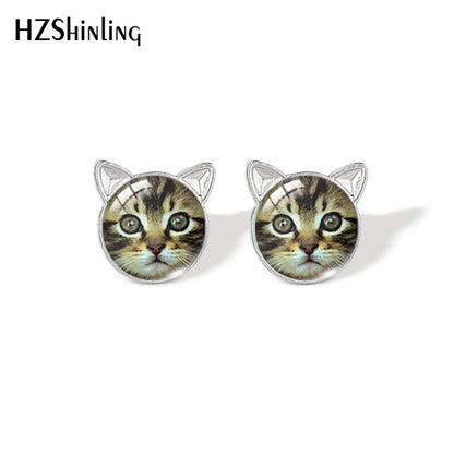 Lovely Cat Face Stud Earrings | Handmade Glass Dome Photo Printed Jewelry for Women