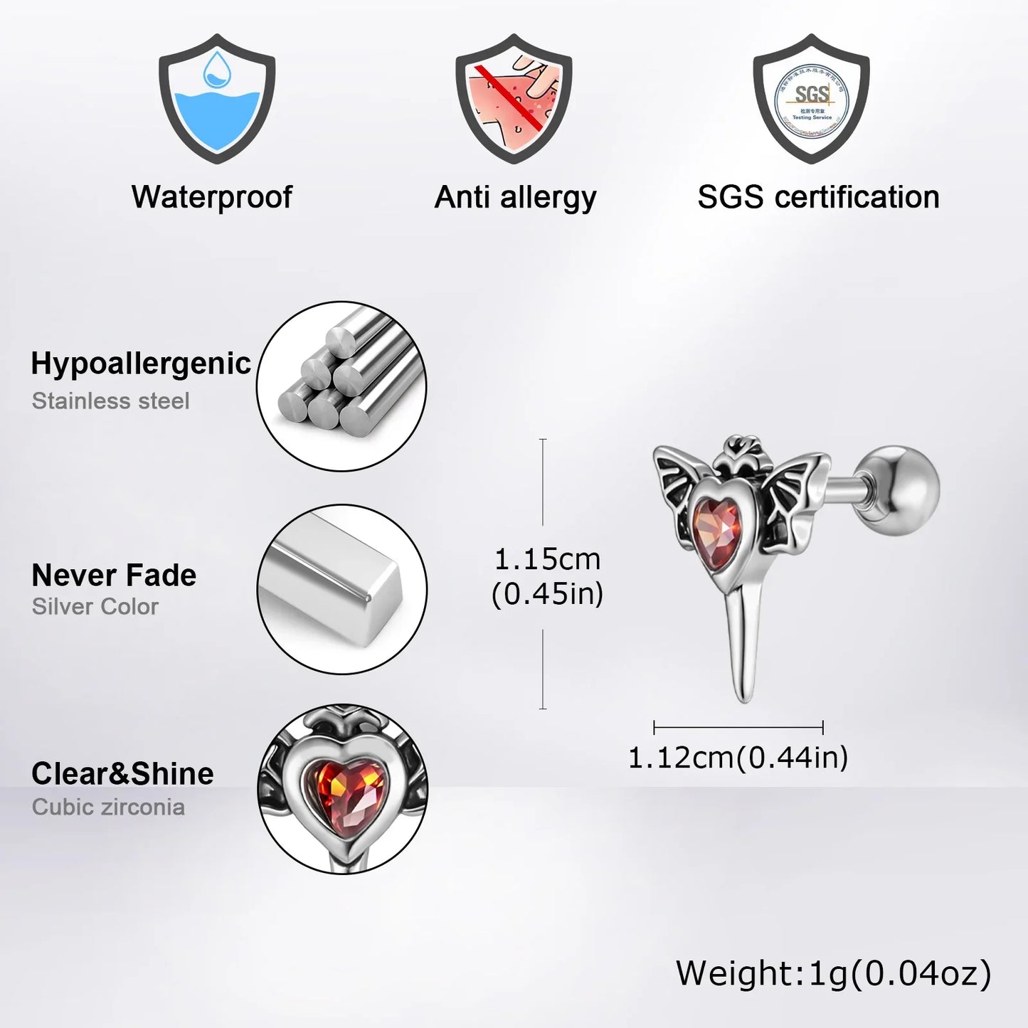 Stainless Steel Heart Zircon Stud Earrings | Vintage Punk Unisex Jewelry