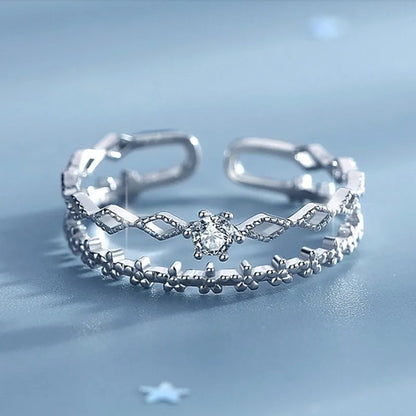 VENTFILLE 925 Sterling Silver Flower Lace Ring | Korean Fashion Adjustable CZ Ring