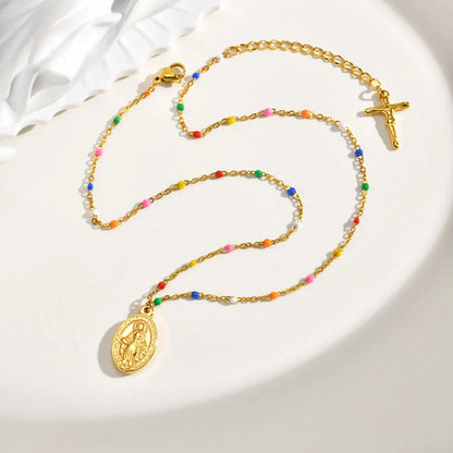 Bohemian Colored Virgin Oval Necklace | Gold Plated Stainless Steel Rosary Jewelry