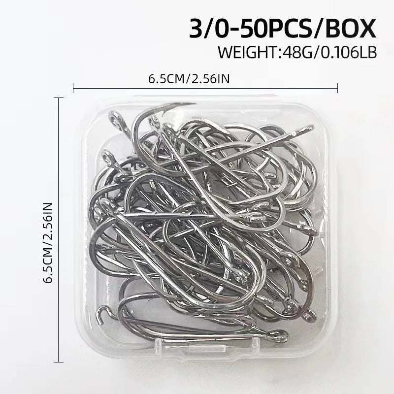 ShareShark 50-Piece High Carbon Steel Fishing Hooks with Barbed Curved Mouth | Long Shank Saltwater Hooks