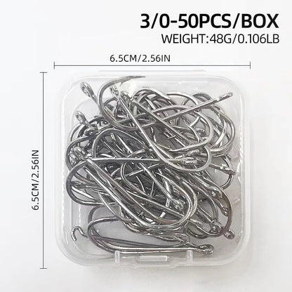 ShareShark 50-Piece High Carbon Steel Fishing Hooks with Barbed Curved Mouth | Long Shank Saltwater Hooks