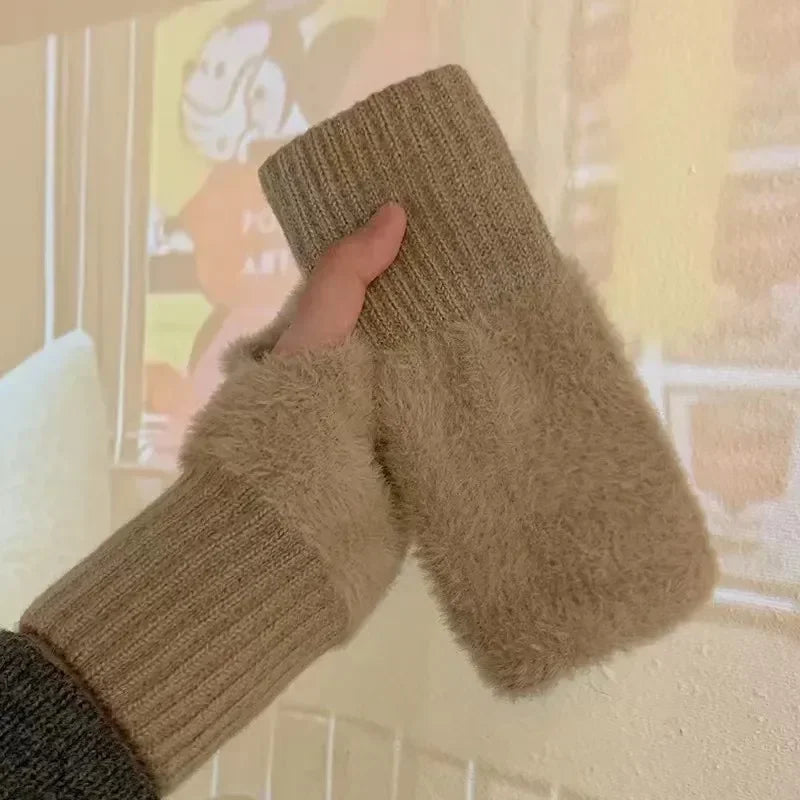 Solid Color Plush Knitted Fingerless Gloves – Warm Half-Finger Winter Gloves for Women