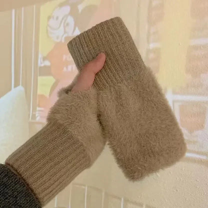 Solid Color Plush Knitted Fingerless Gloves – Warm Half-Finger Winter Gloves for Women