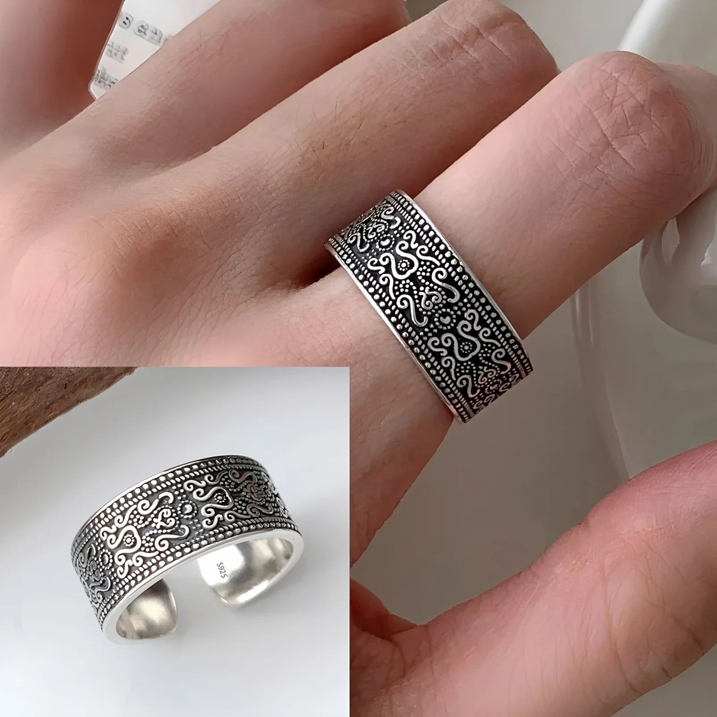 PANJBJ Real 925 Sterling Silver Retro Round Ring | Vintage Fine Jewelry for Women