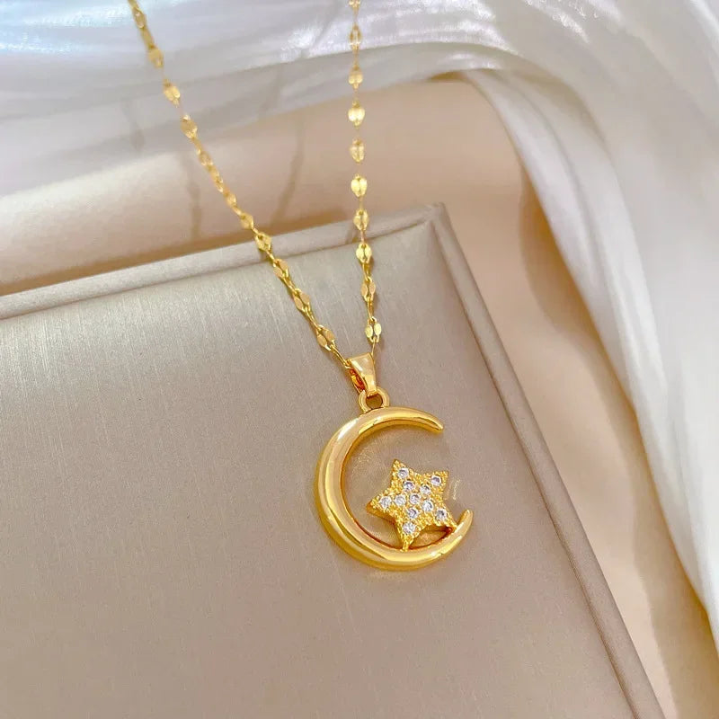 Stainless Steel Crescent Moon Pendant Necklace | Vintage Gold Choker Jewelry for Women