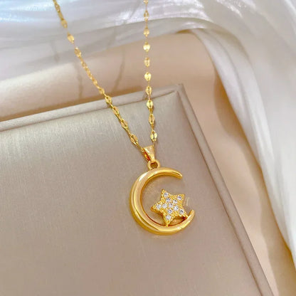Stainless Steel Crescent Moon Pendant Necklace | Vintage Gold Choker Jewelry for Women