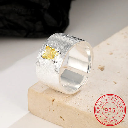 Real 925 Sterling Silver Square Citrine Gemstone Frosted Wide Opening Ring | Women Wedding Party Fine Jewelry