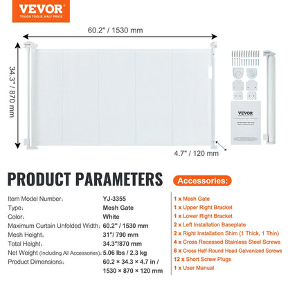 VEVOR Retractable Baby Gate Tall Mesh Baby Gate Extends up to  Wide Retractable Gate for Kids or Pets Retractable Dog Gates