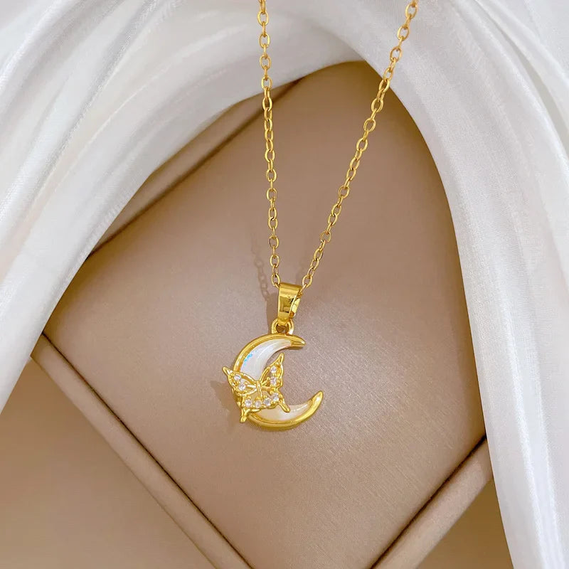 Crescent Moon Pendant Necklace | Vintage Stainless Steel Choker for Women