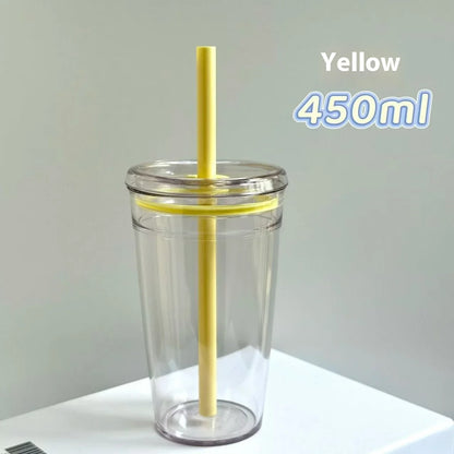 450ml Korean Style Straw Cup | Transparent Multi-Color Plastic Coffee Cup