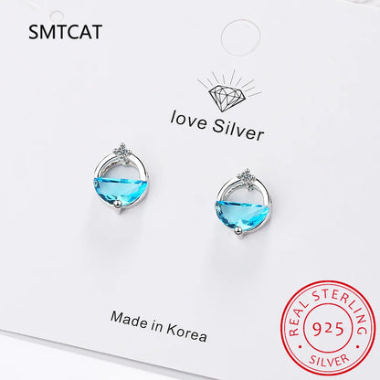 Half Round Natural Sky London Blue Topaz 925 Sterling Silver Spring Water Stud Earrings | Women's Fine Gemstone Jewelry