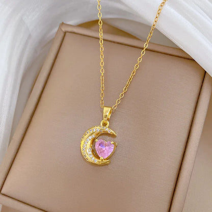 Stainless Steel Crescent Moon Pendant Necklace | Vintage Gold Choker Jewelry for Women