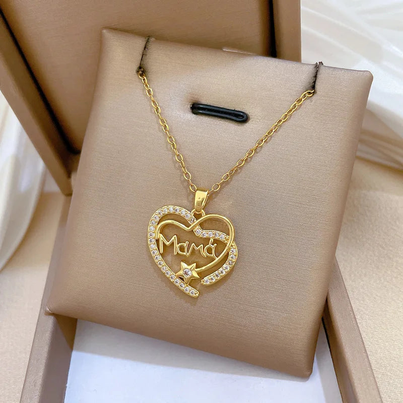 Mama Heart Pendant Necklace | Stainless Steel Crystal Choker for Women