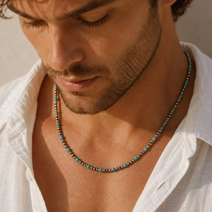 Synthetic Turquoise Necklace for Men | Natural Stone Mini Beads Summer Beach Bohemian Jewelry