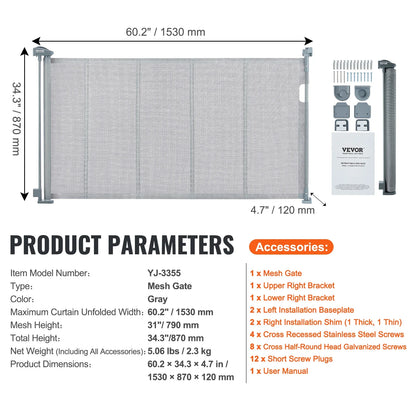 VEVOR Retractable Baby Gate Tall Mesh Baby Gate Extends up to  Wide Retractable Gate for Kids or Pets Retractable Dog Gates