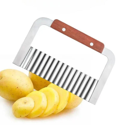 Stainless Steel Wavy Blade Potato Crinkle Cutter with Wooden Handle - Potato Chip Slicer & Vegetable Chopper