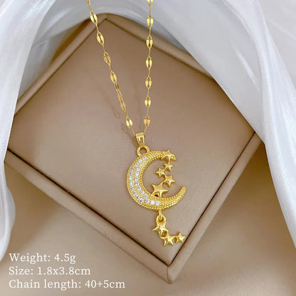 Stainless Steel Crescent Moon Pendant Necklace | Vintage Gold Choker Jewelry for Women
