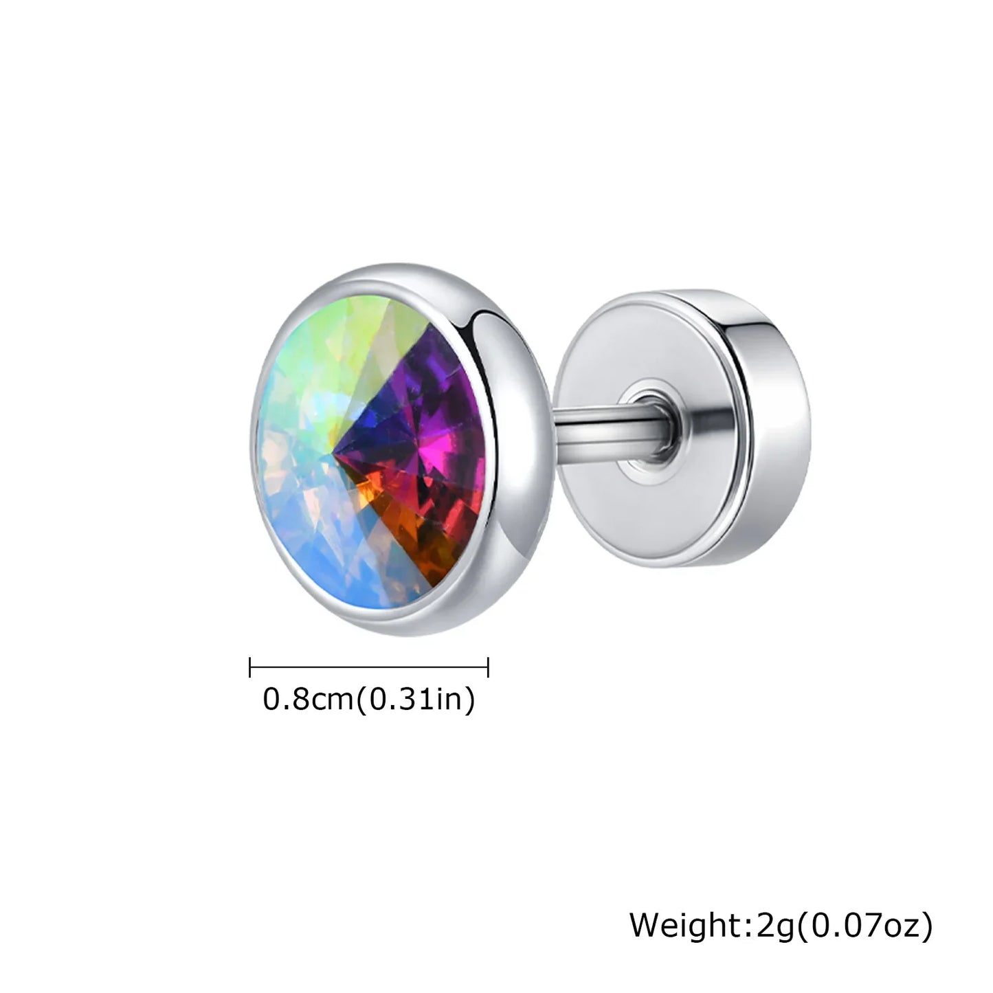8mm Stainless Steel Screw Back Earrings for Men | Faceted Zircon Studs