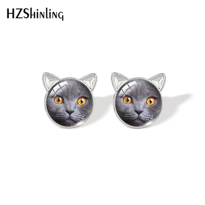 Lovely Cat Face Stud Earrings | Handmade Glass Dome Photo Printed Jewelry for Women