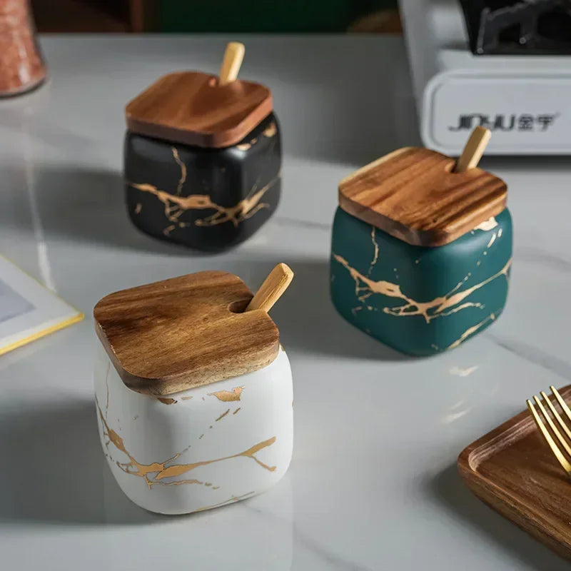 Japanese Kitchen Frosted Seasoning Pot Set Two Pack Marble Ceramic Household Combined Seasoning Box Salt Sugar Seasoning Bottle