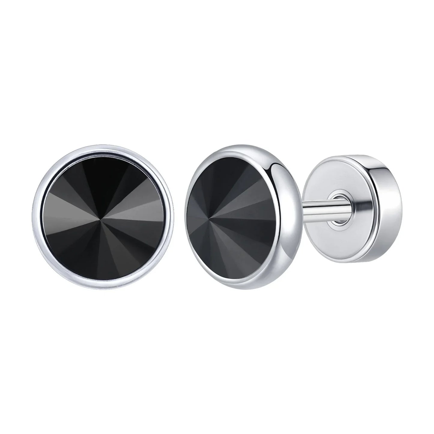 8mm Stainless Steel Screw Back Earrings for Men | Faceted Zircon Studs