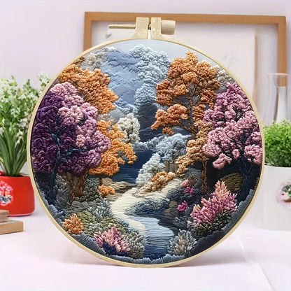 Beginners Hand Embroidery Kit - Mountain & Moon Landscape with Fabric & Threads