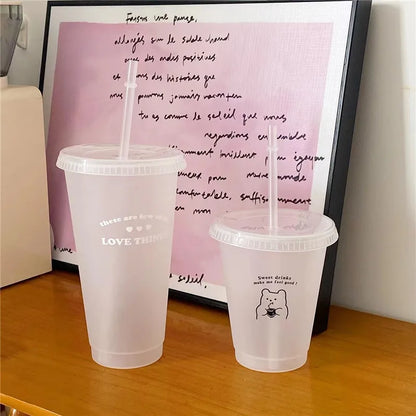 Cute Kawaii Water Bottle | Reusable Plastic Tumbler with Straw Lid for Coffee Juice Tea