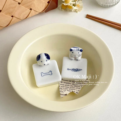 Kawaii Cat Dog Chopstick Holder Ceramic Knife Spoon Fork Tableware Holder Chop Stick Rack Dinning Table Decor Kitchen Supplies