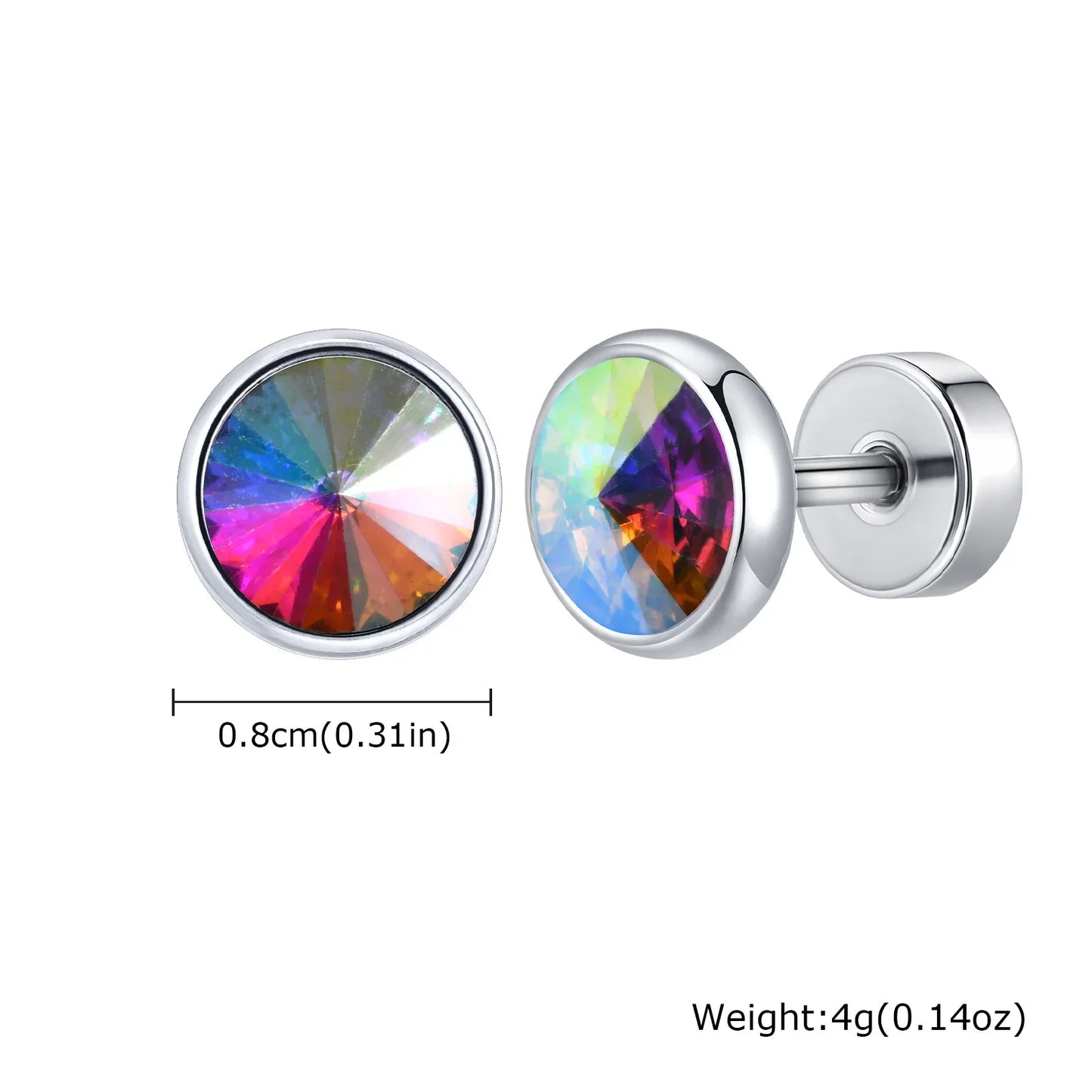 8mm Stainless Steel Screw Back Earrings for Men | Faceted Zircon Studs