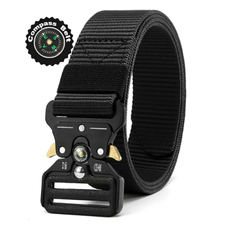 Unisex Tactical Nylon Canvas Belt with Compass, Durable Outdoor & Jeans Belt 1.5 in (3.8 cm) Wide